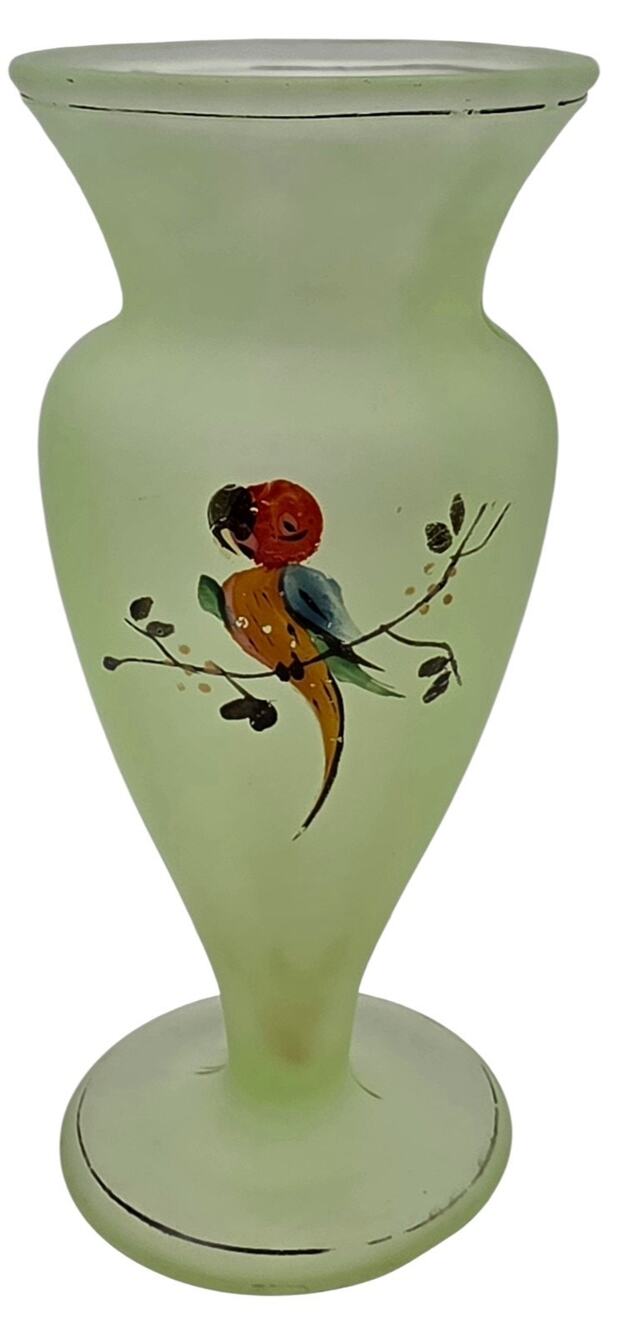 TIFFIN SATIN URANIUM GLASS PARROT DECORATED VASE SOME PAINT LOSS